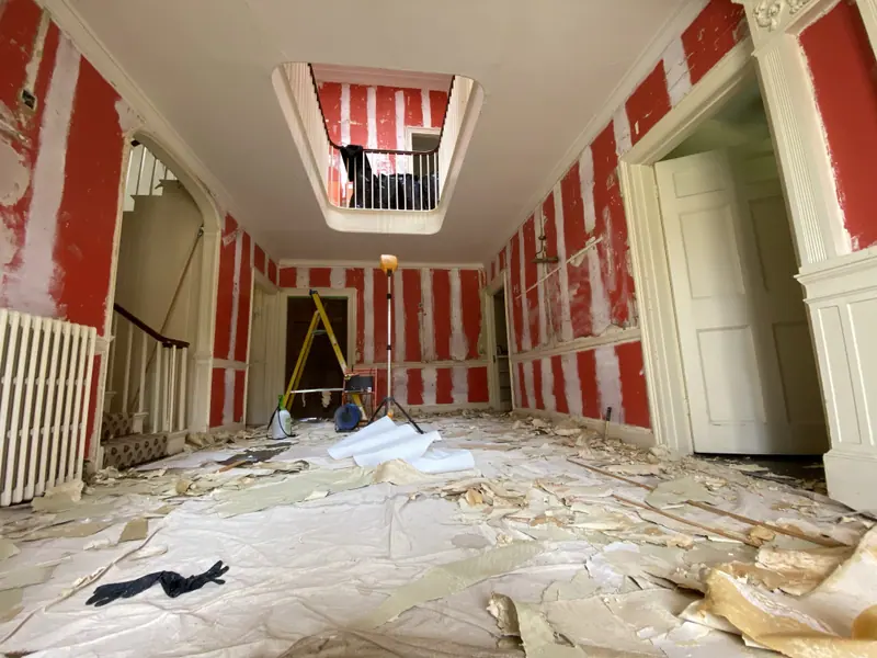 Atrium at the Castle of Trematon stripped and lined before papering.